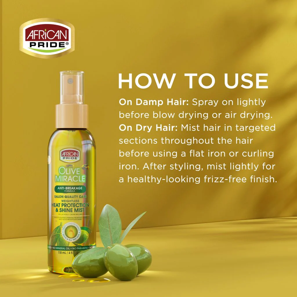 African Pride Olive Miracle Heat Protectant & Shine Mist 4oz - Image 3