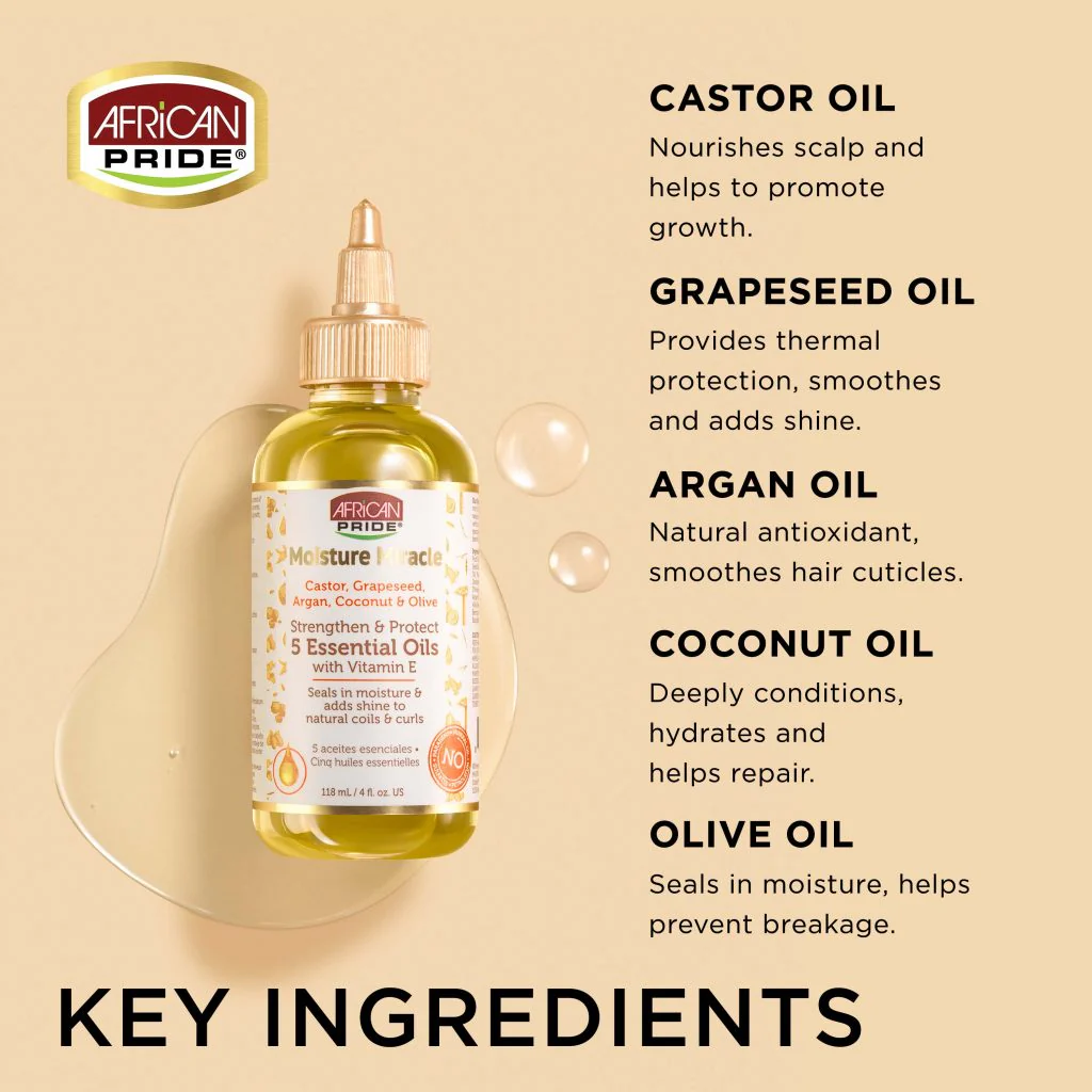 African Pride Moisture Miracle Castor, Grapeseed, Argan, Coconut & Olive 5 Essential Oils 4oz - Image 5