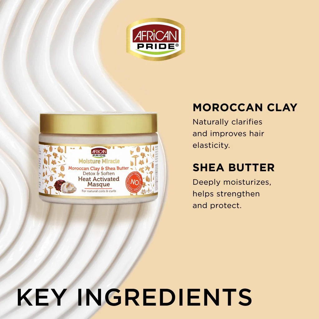 African Pride Moisture Miracle Moroccan Clay & Shea Butter Heat Activated Masque 12oz - Image 4