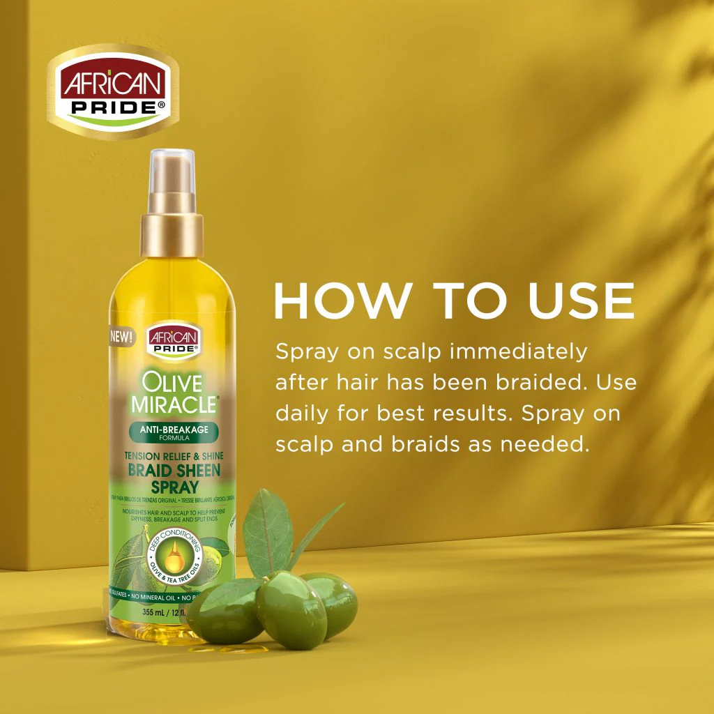 African Pride Olive Miracle Tension Relief & Shine Braid Sheen Spray 12oz - Image 3