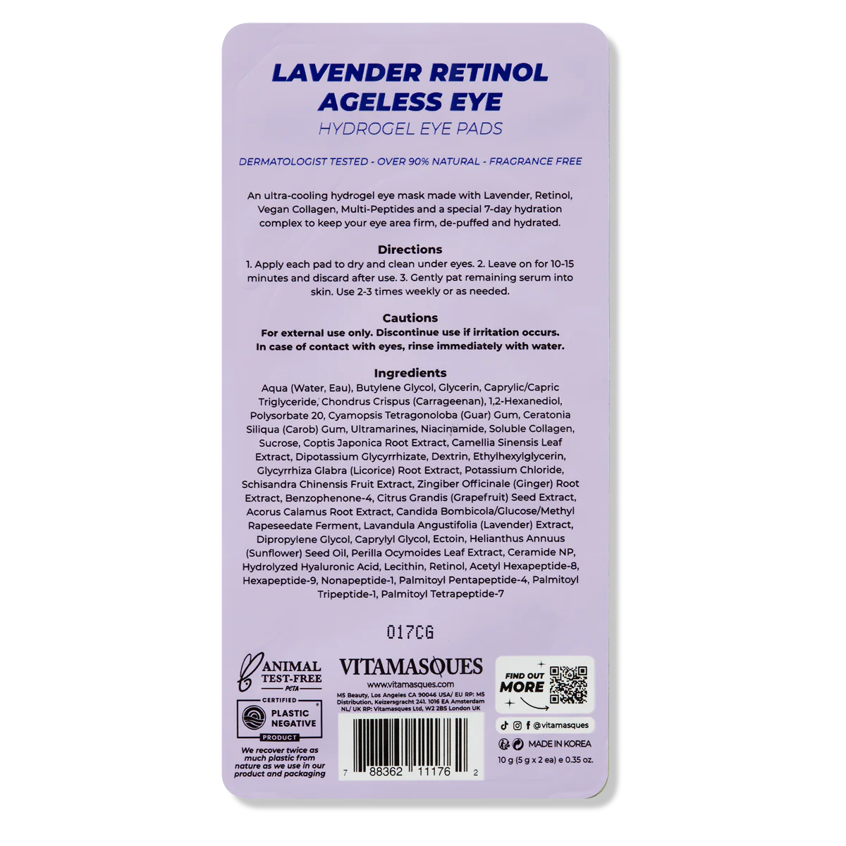 Vitamasques Lavender Retinol Ageless Eye Hydrogel Eye Pads - 1 Pair - Image 6