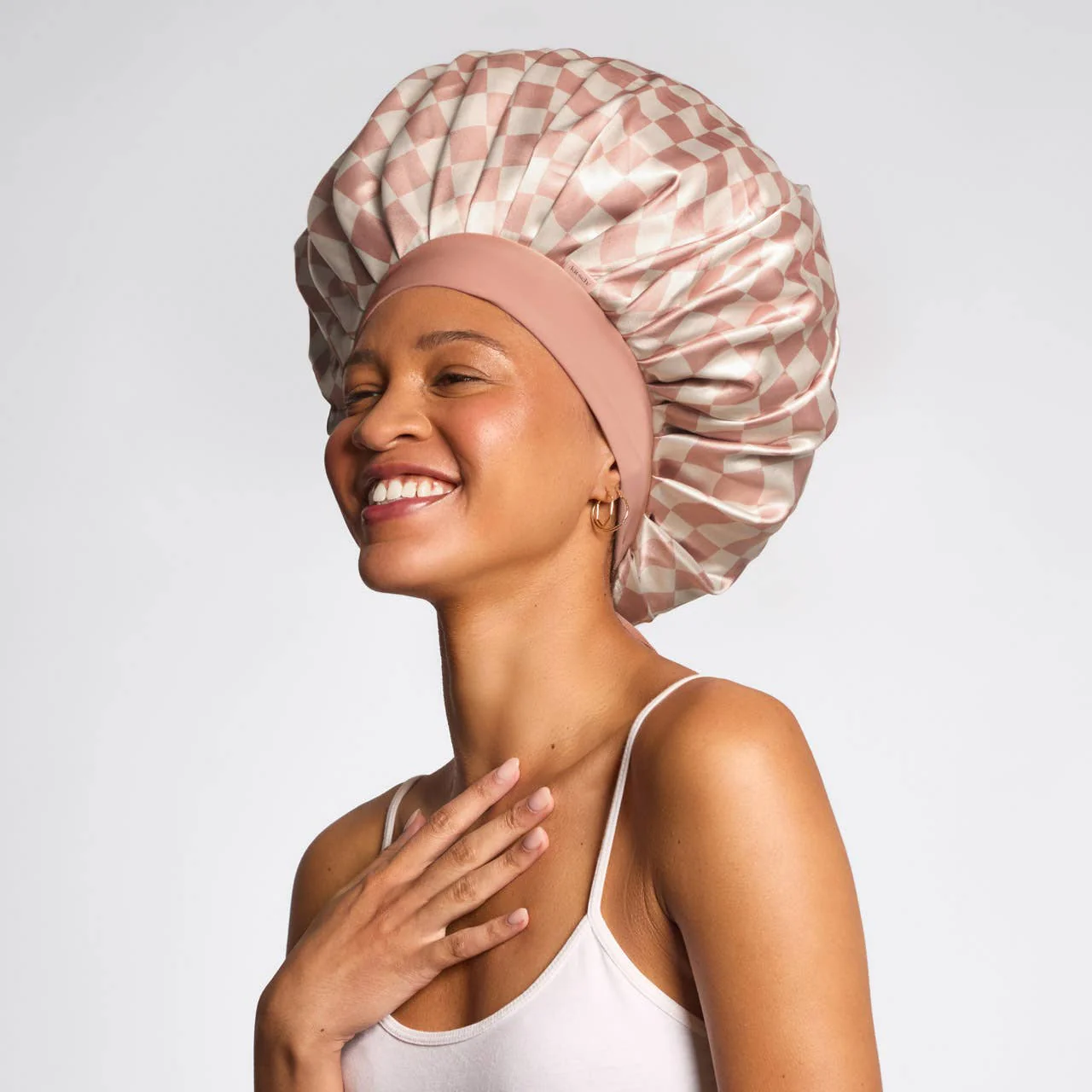 Kitsch Oversized Satin Bonnet - Terracotta Checker - Image 2